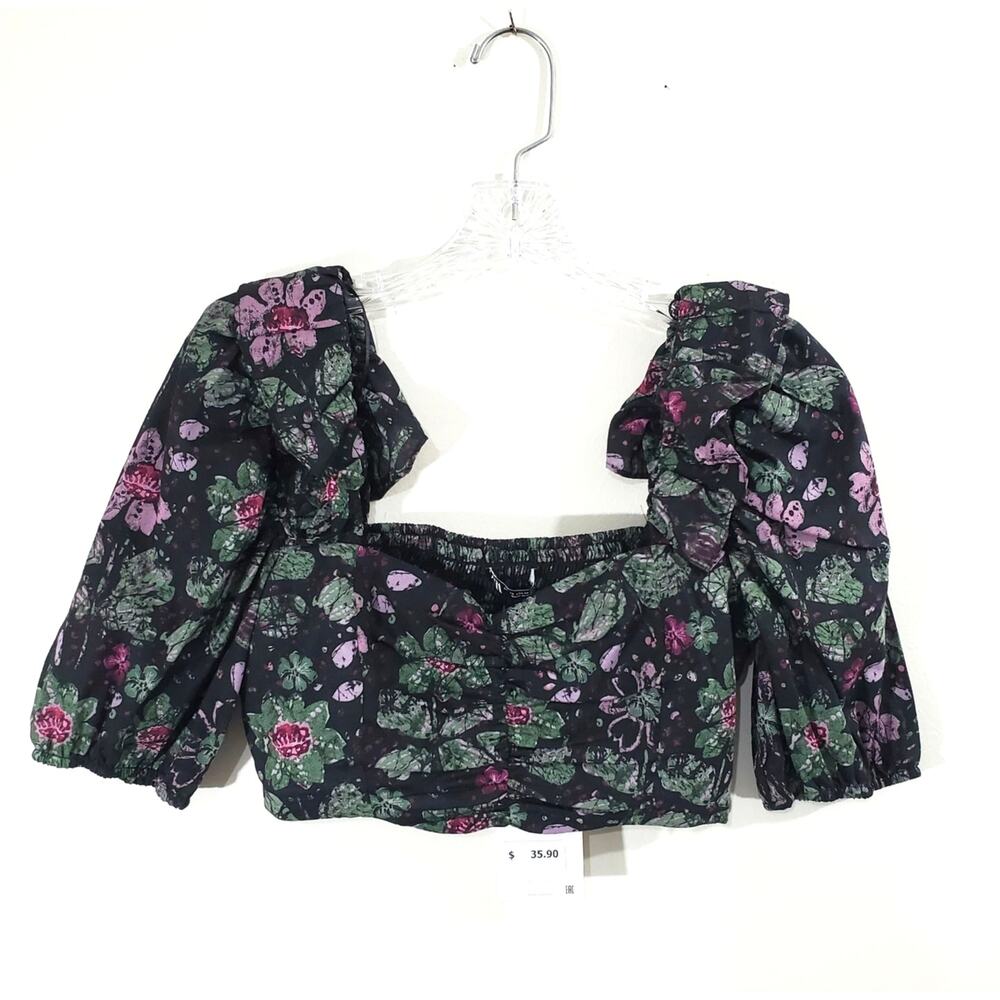 Zara Floral Print Short Ruffle Puff Sleeve Cropped Top Blouse Shirt Size XS NWT